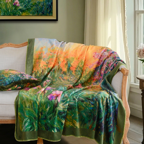 Luxury Fox Fur Blanket - Class A Monet Garden Oil Painting Sofa Blanket, Art Decor Soft and Skin-Friendly Throw