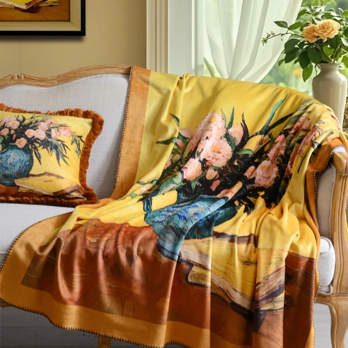 Luxury Fox Fur Blanket - Class A Monet Garden Oil Painting Sofa Blanket, Art Decor Soft and Skin-Friendly Throw