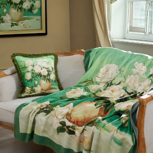 Luxury Fox Fur Blanket - Class A Monet Garden Oil Painting Sofa Blanket, Art Decor Soft and Skin-Friendly Throw