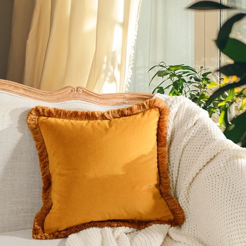 Heavyweight velvet thickened fringe willow bud yellow solid color throw pillow