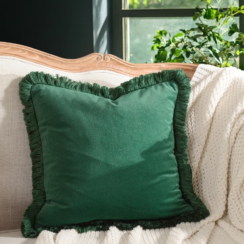 Heavyweight Velvet with Thick Fringe Dark Green Solid Color Pillow