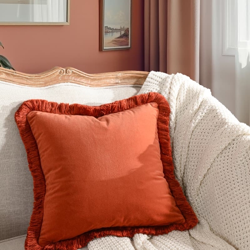 Heavyweight Velvet with Thick Fringe Lemon Tea Solid Color Pillow