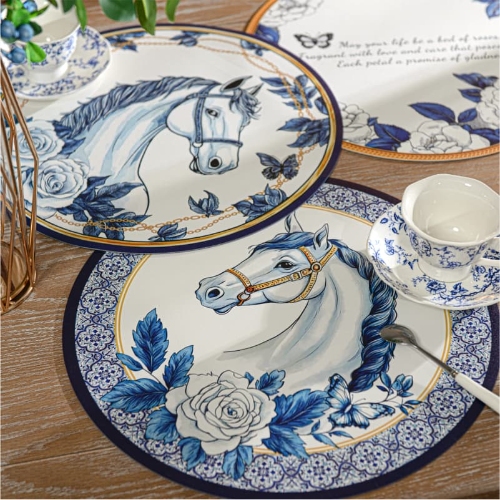 French High-end Luxury Placemat - Waterproof, Oil-resistant, Heat-resistant（Horse and Blue Flower Design）