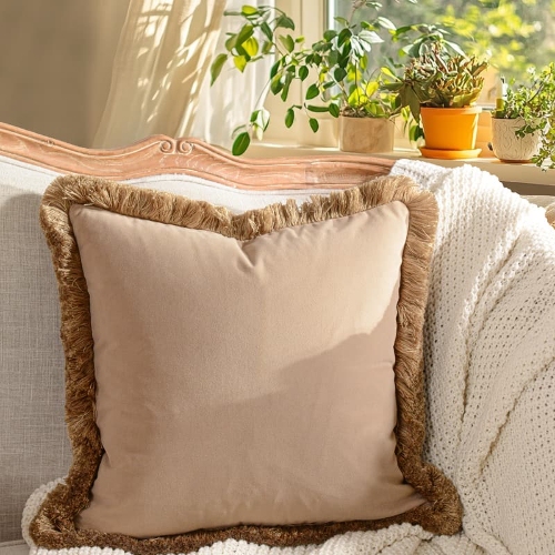 Heavyweight Velvet with Thick Fringe Tobacco Solid Color Pillow