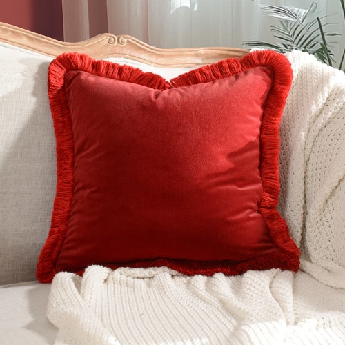 Heavyweight Velvet with Thick Fringe Deep Red Solid Color Pillow