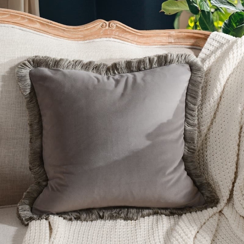 Heavyweight Velvet with Thick Fringe Rhino Gray Solid Color Pillow