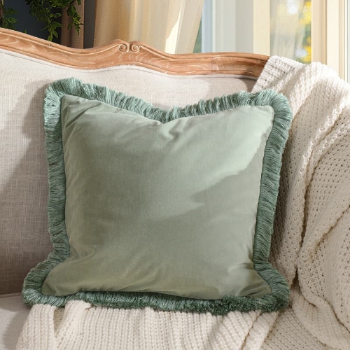 Heavyweight Velvet with Thick Fringe Celadon Solid Color Pillow