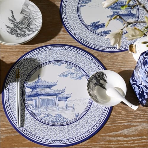 High-end Luxury Placemat - Waterproof, Oil-resistant, Heat-resistant Blue Line Drawing Ancient Architecture Round Placemat