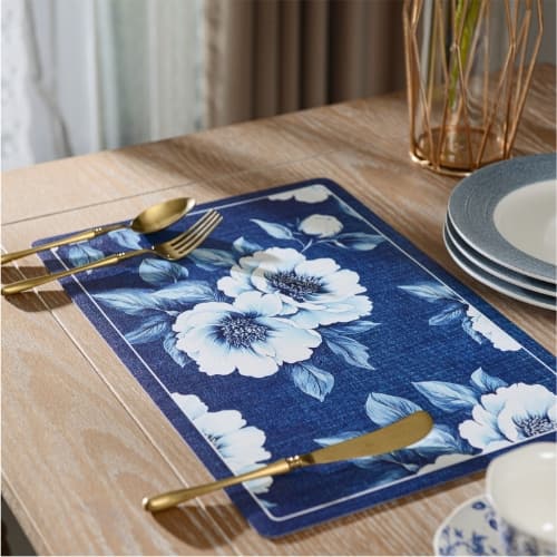 High-end Luxury Placemat - Waterproof, Oil-resistant, Heat-resistant Blue Floral Design Placemat