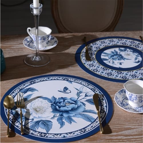 High-end Luxury Placemat - Waterproof, Oil-resistant, Heat-resistant Blue Floral Design Round Placemat
