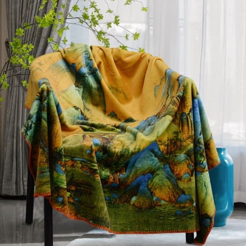New Chinese-style "A Thousand Miles of Rivers and Mountains" Throw Blanket, Chinese-inspired Fox Fur Decorative Blanket